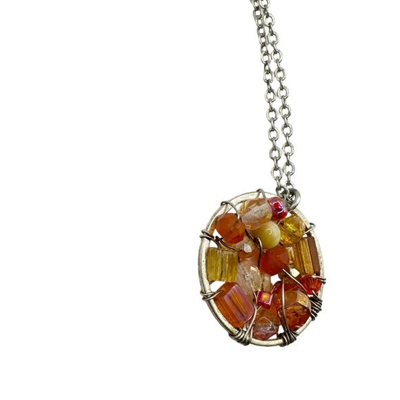 Sterling Silver 925 Wire Wrapped Round Orange Bead Pendant Beaded Chain Necklace - Picture 7 of 8